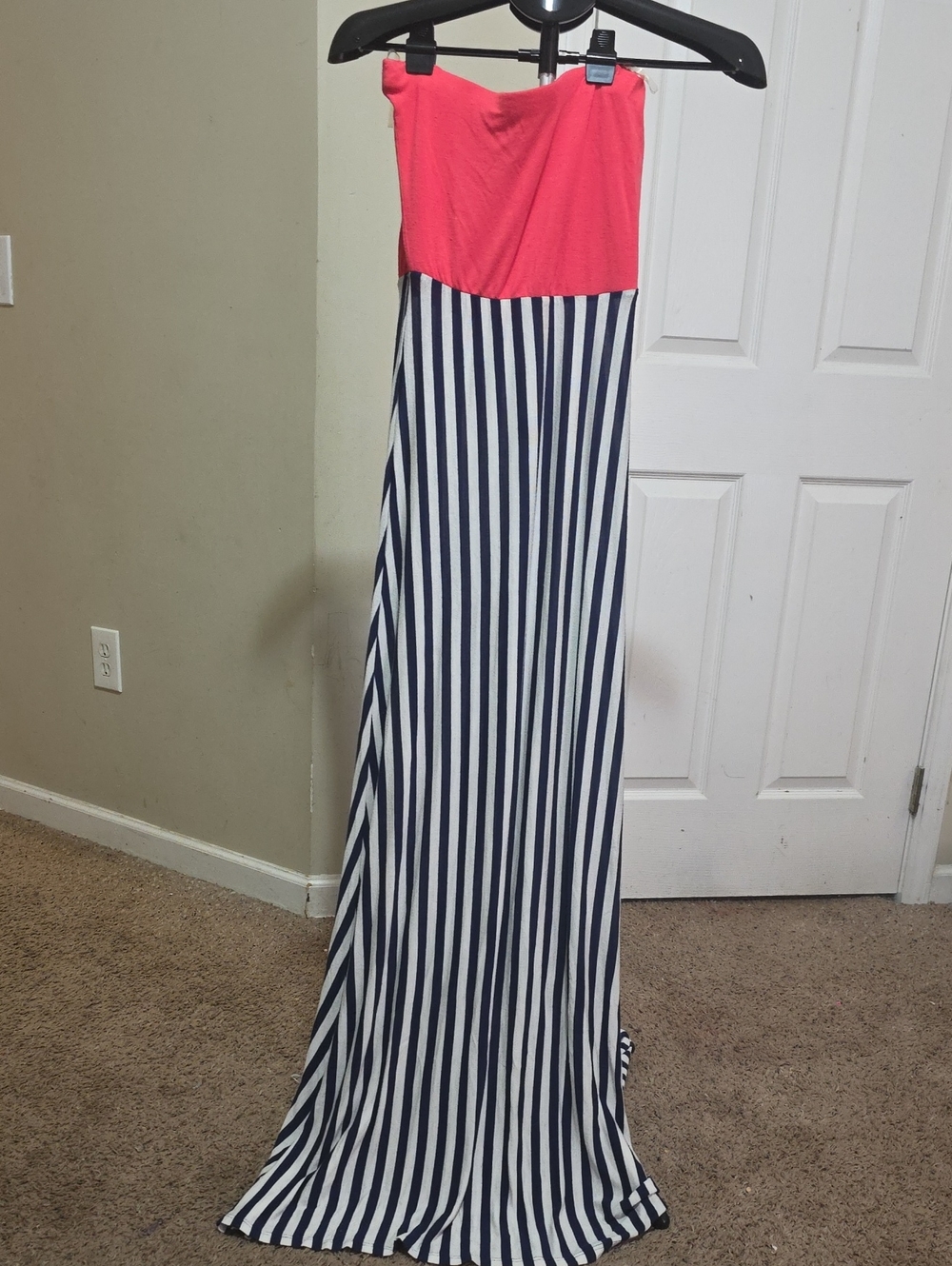 love J Coral Top Navy & White Striped Maxi Dress